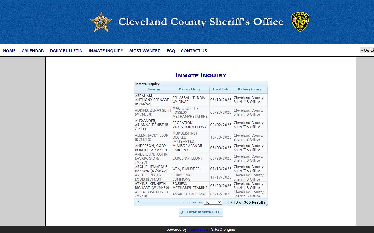 Cleveland County inmate population P2C inmate inquiry roster search